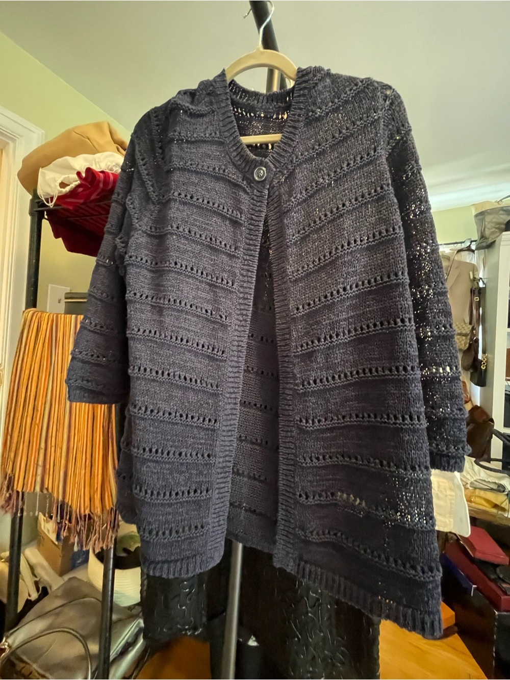Navy Open Knit Cardigan Lightweight Button Front Sweater L - Picture 1 of 7